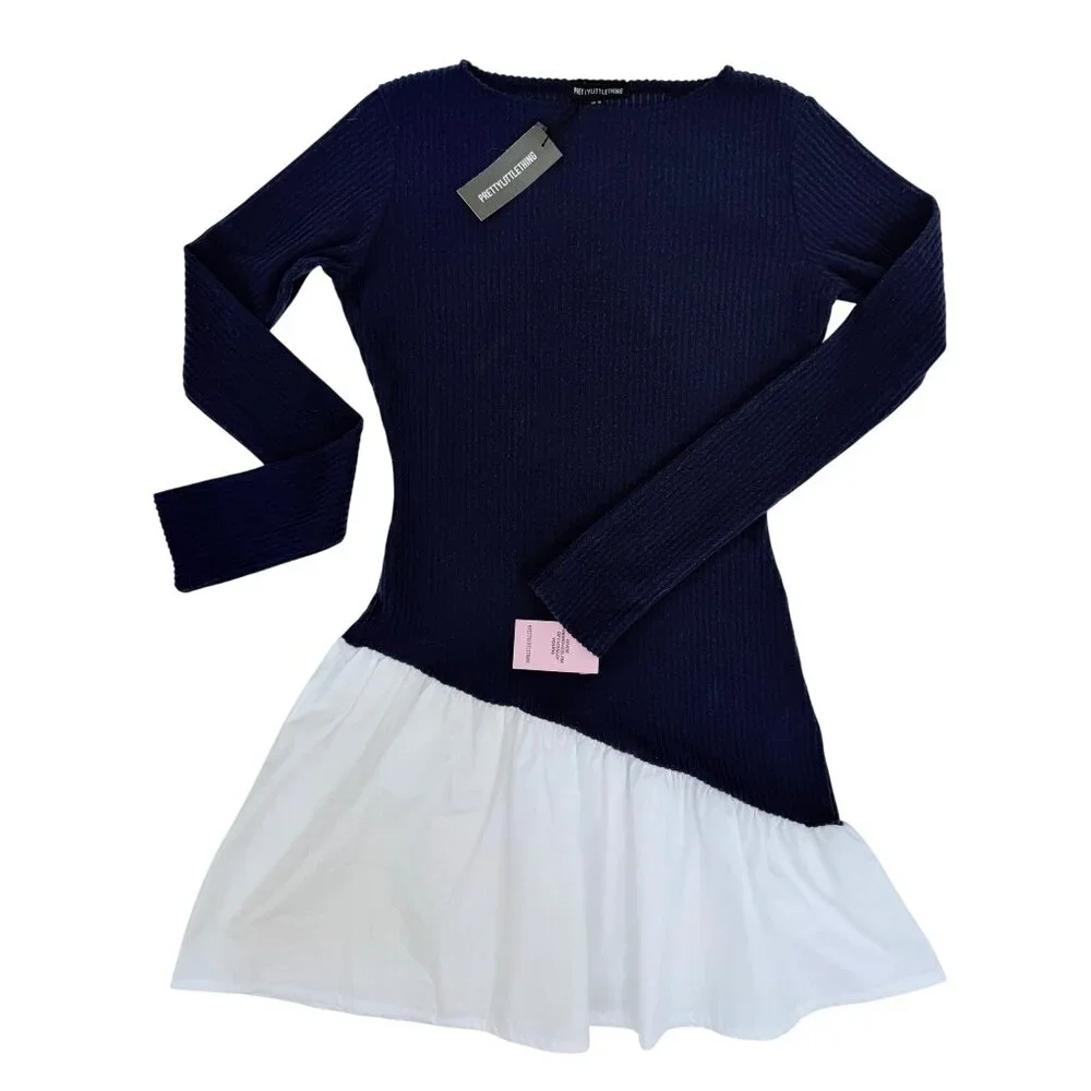 NWT PrettyLittleThing Navy Brushed Rib Asymmetric Ruffle Mini Dress Skater Style - Picture 5 of 16